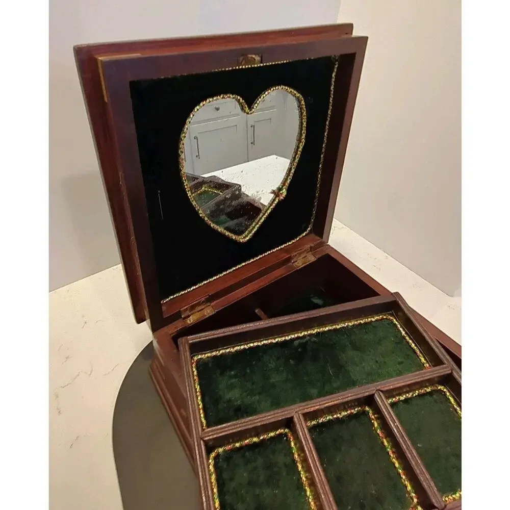 Large Vintage Inlaid Wood Jewelry Chest 10x10 Two-Tier Heart Mirror 9-Comp